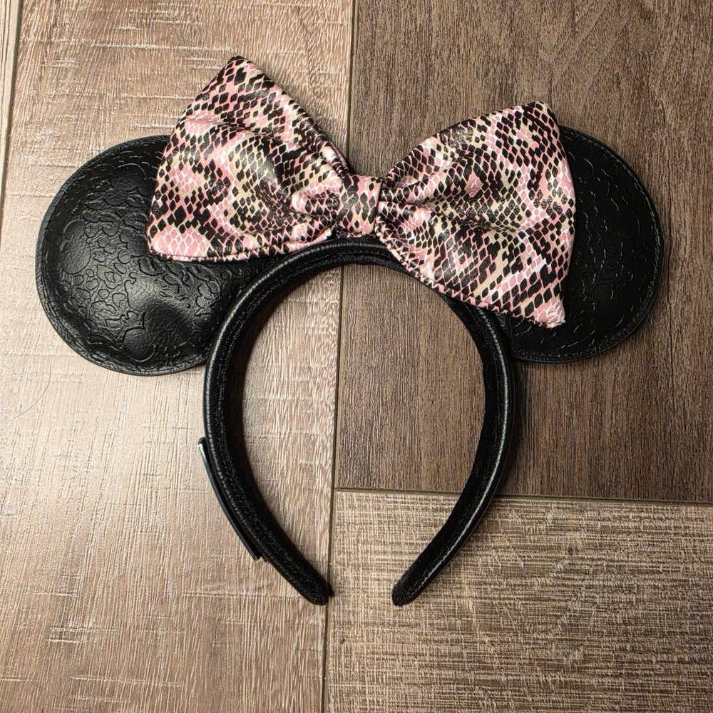 Disney Loungefly Minnie Ears Headband OS Black Faux Leather Pink Snakeskin Bow